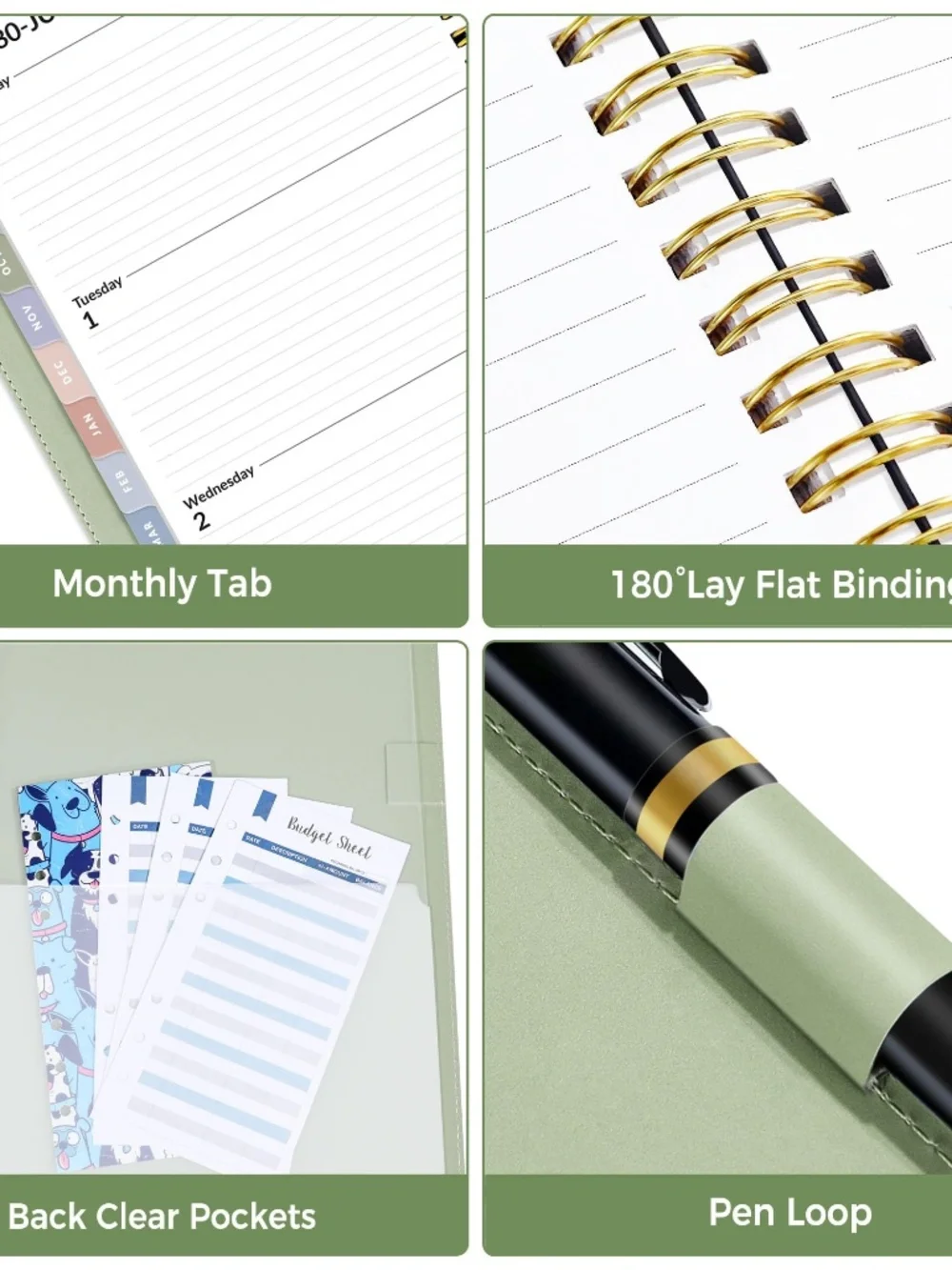 '26 Weekly/Monthly Cal/Planner, Vegan Leather, Bookmark, Tabs, Sage (ASIN-VDF5)